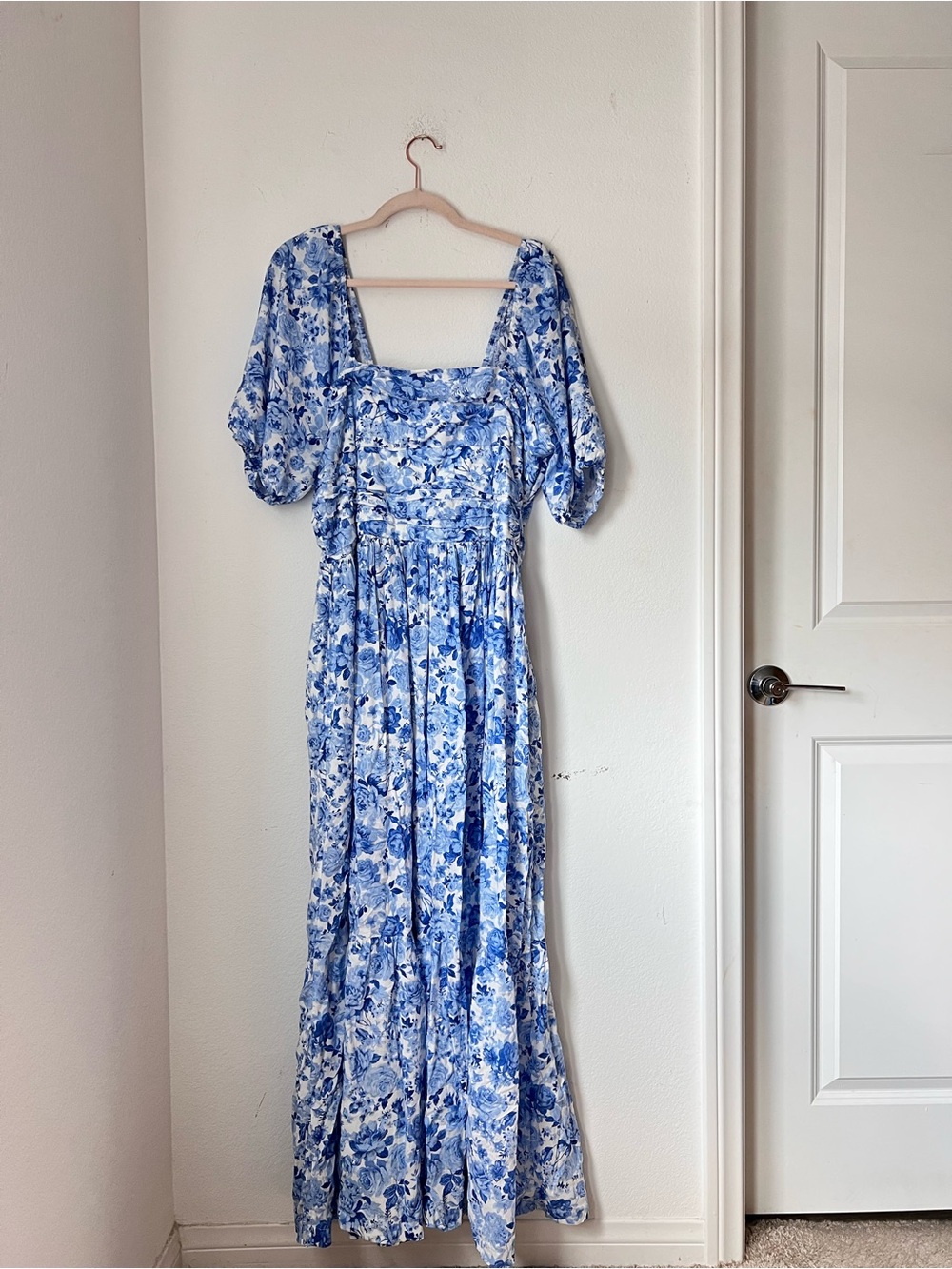 Arula Gracia Blue Floral Maxi Dress 1X Smocked Cottagecore Boho Prairie
